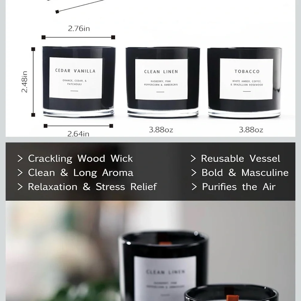 Scented Candles for Men – Tobacco, Cedar Vanilla & Clean Linen – Luxury Gift Box